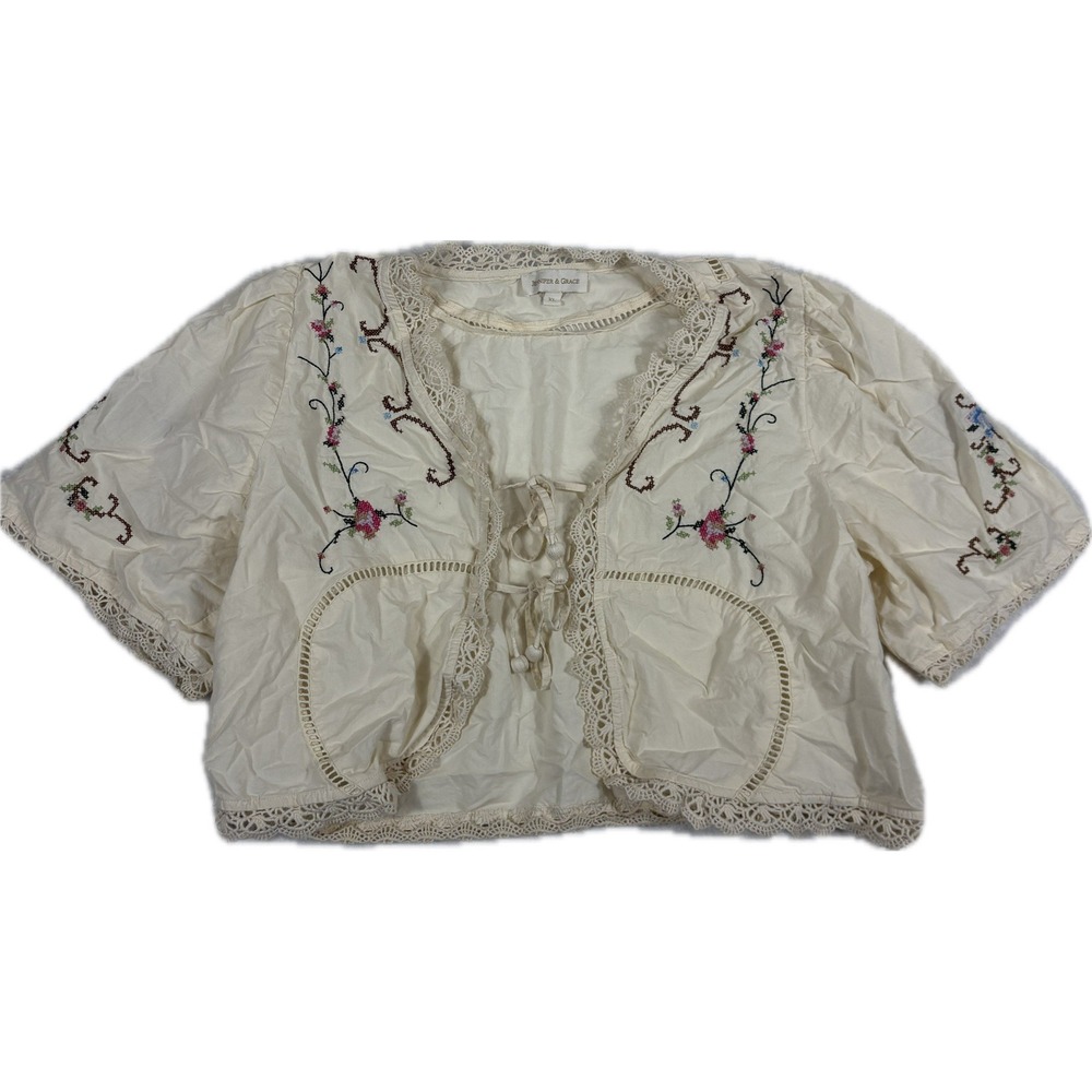 Jennifer & Grace Kimono Blouse Womens XL Cream Embroidered Lace Crochet Boho
